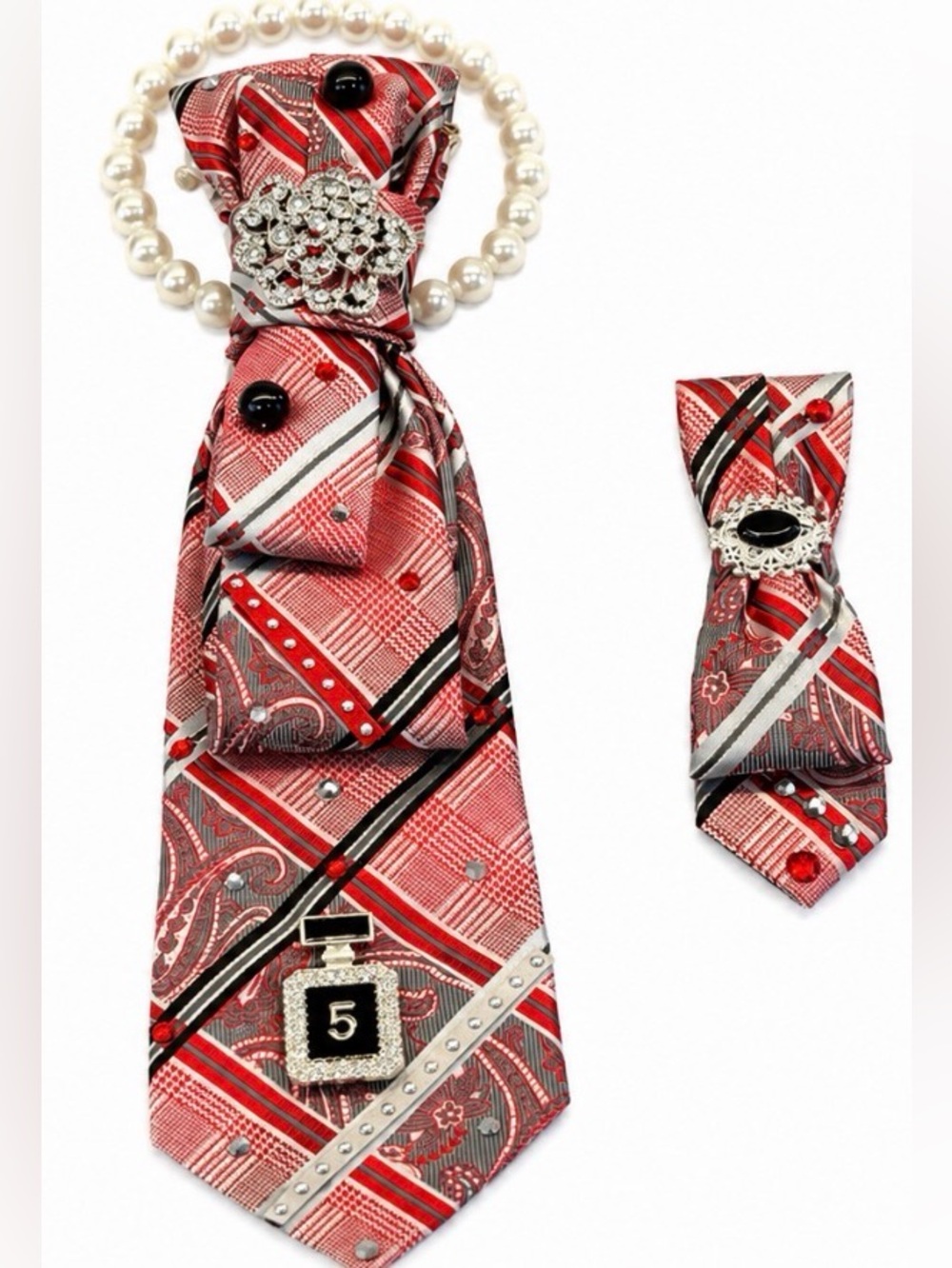 Embellished Statement Tie  Necklace Set Red Rhinestone Pearl Wearable Art